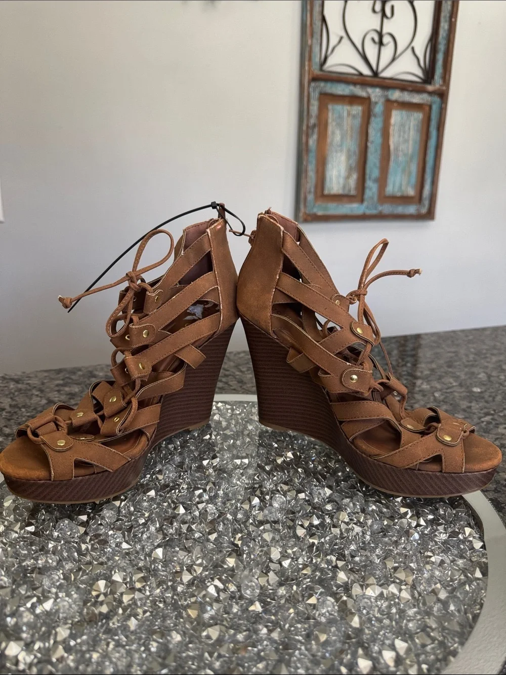 Dollhouse Brown Lace-Up Strappy Wedge Sandals NWOT 9